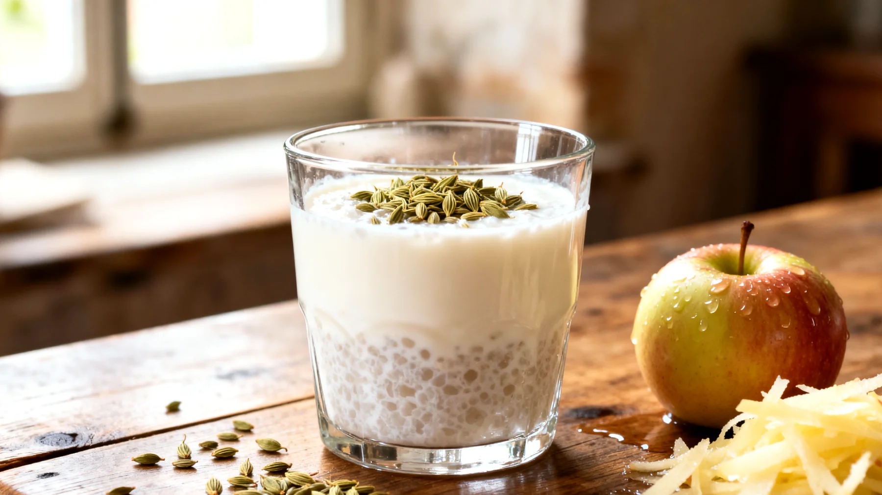 Kéfir de lait aux graines de fenouil et pomme râpée"