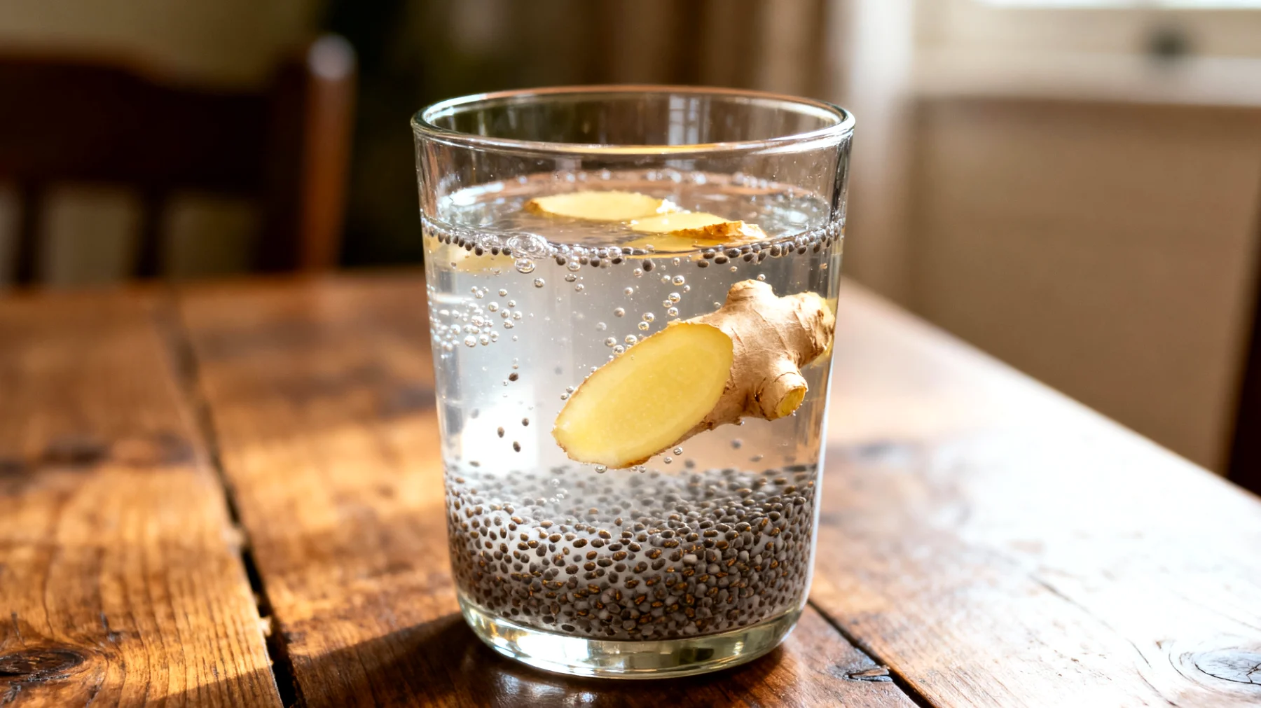 Kéfir d'eau aux graines de chia et gingembre frais"